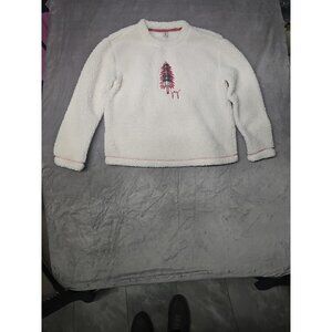 Fuzzy Holiday Sweater Junior Girl SZ S White Christmas Tree Joy Embroidery (HL33